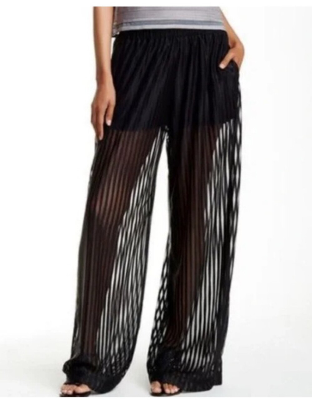 A/X Armani Exchange Black Sheer Striped Wide-Leg Pants